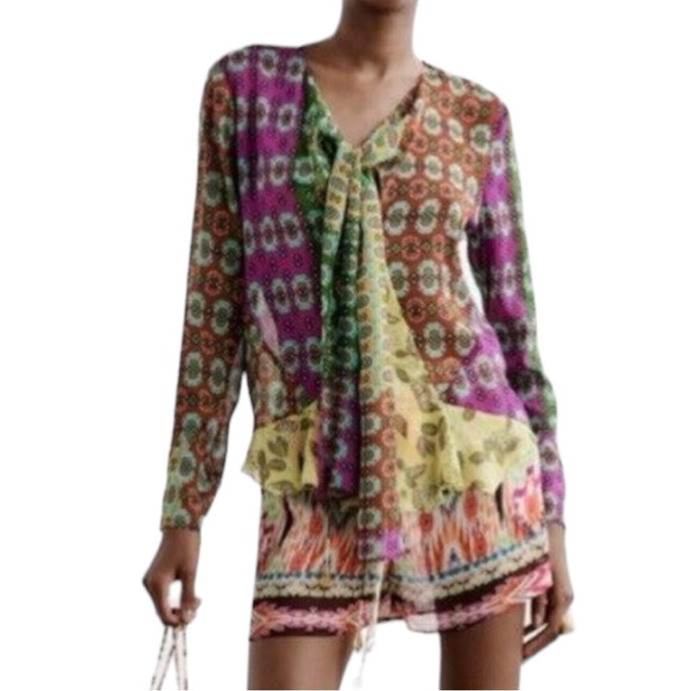 ZARA Zodiac Multicolor Printed Boho Blouse Shirt Bow Tie Sz M Crystal Drops